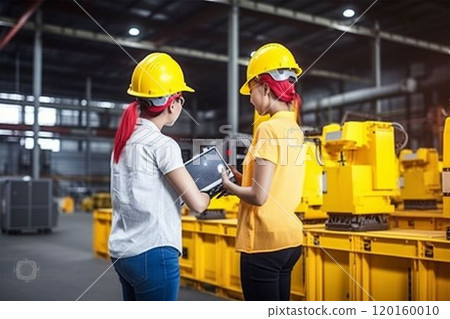 In robotic training female instructor teach girl engineer to program robot arm look manual from laptop. Technician engineer in protective uniform standing and controlling operation industry machine In robotic training female instructor teach girl engineer to program robot arm look manual from laptop. Technician engineer in protective uniform standing and controlling operation industry machine 120160010