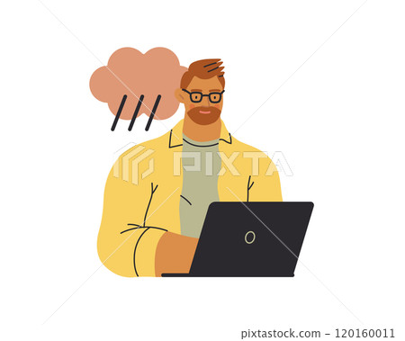 Writing people, modern flat vector concept illustration- sitting man thoughtfully writing on laptop, bubble near head Metaphor for reflection, personal insight, contemplation, creative expression 120160011