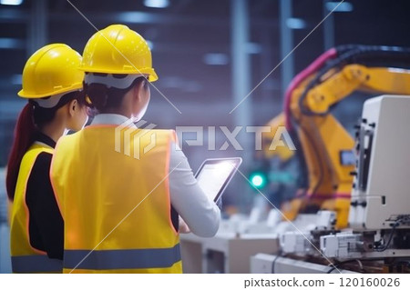 In robotic training female instructor teach girl engineer to program robot arm look manual from laptop. Technician engineer in protective uniform standing and controlling operation industry machine 120160026