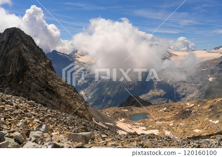 High-Altitude Mountain Landscape with Glacial Lake and Clouds High-Altitude Mountain Landscape with Glacial Lake and Clouds 120160100