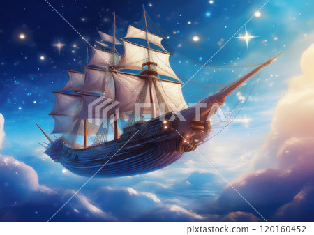 Fantasy: Airship flying above the blue sky AI image 120160452