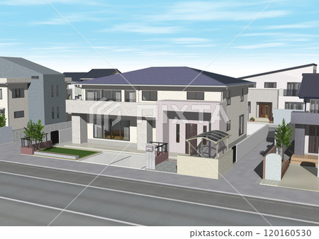 House, residential area, streetscape, new construction, model house (3DCG image) with sky House, residential area, streetscape, new construction, model house (3DCG image) with sky 120160530