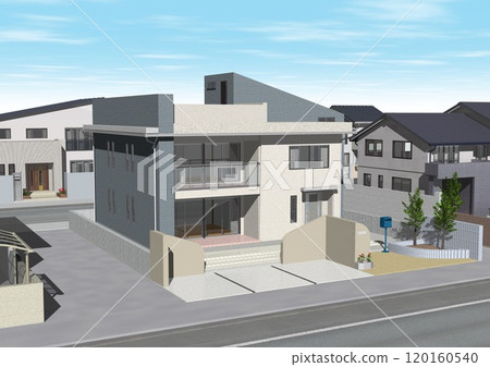 House, residential area, streetscape, new construction, model house (3DCG image) with sky House, residential area, streetscape, new construction, model house (3DCG image) with sky 120160540