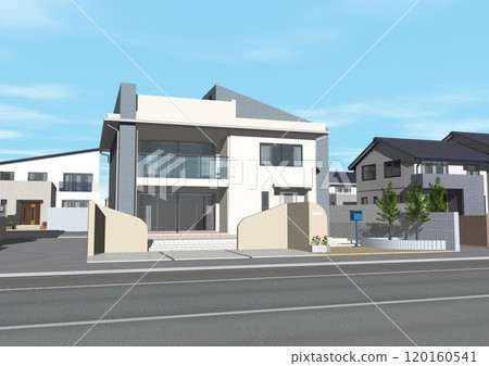 House, residential area, streetscape, new construction, model house (3DCG image) with sky House, residential area, streetscape, new construction, model house (3DCG image) with sky 120160541