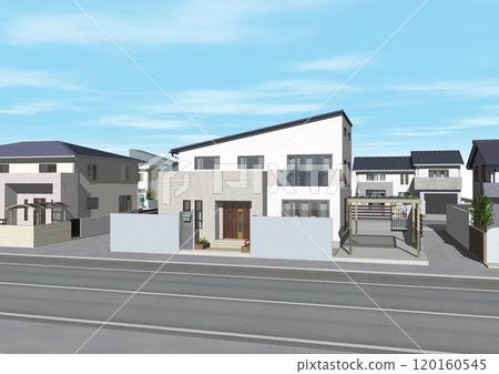 House, residential area, streetscape, new construction, model house (3DCG image) with sky House, residential area, streetscape, new construction, model house (3DCG image) with sky 120160545