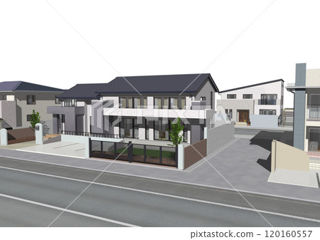 House, residential area, streetscape, new construction, model house (3DCG image) white background House, residential area, streetscape, new construction, model house (3DCG image) white background 120160557