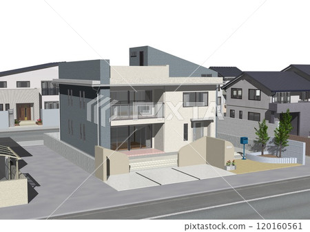 House, residential area, streetscape, new construction, model house (3DCG image) white background House, residential area, streetscape, new construction, model house (3DCG image) white background 120160561