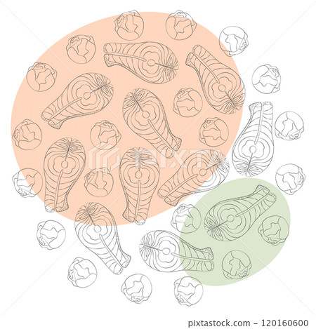 Outline Salmon steak and brussels sprout heads. Circle Frame Border on colorful spots background 120160600