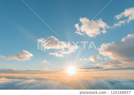 The sun peeking through the blue sky and clouds 120160657