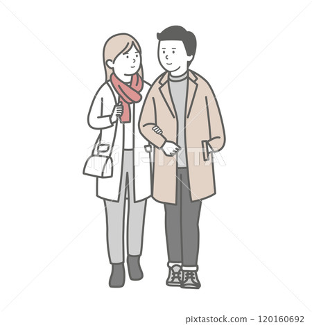 一對穿著冬衣的年輕夫婦手牽手的插圖 一對穿著冬衣的年輕夫婦手牽手的插圖 120160692