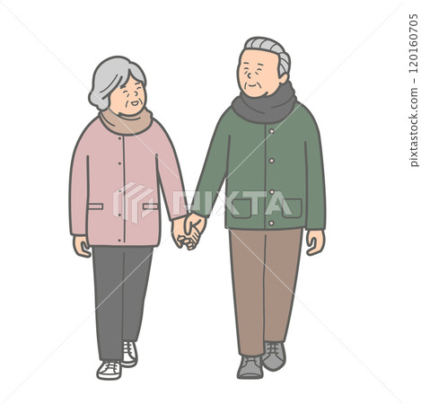Senior couple in winter clothes walking hand in hand 120160705