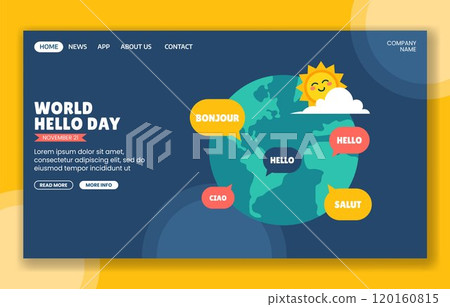 World Hello Day Social Media Landing Page Graphic in Cartoon Hand Drawn Design 120160815