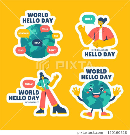 World Hello Day Label Vector in Flat Cartoon Style Illustration World Hello Day Label Vector in Flat Cartoon Style Illustration 120160818