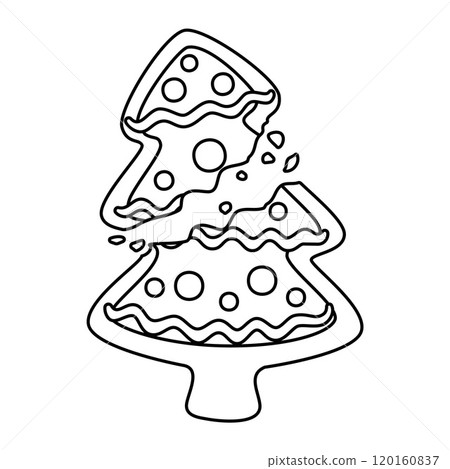 Broken Gingerbread Christmas tree doodle style. Hand drawn black and white isolated Line art Broken Gingerbread Christmas tree doodle style. Hand drawn black and white isolated Line art 120160837