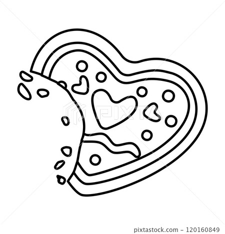 Bitten Gingerbread heart doodle style. Hand drawn black and white isolated Coloring page Bitten Gingerbread heart doodle style. Hand drawn black and white isolated Coloring page 120160849