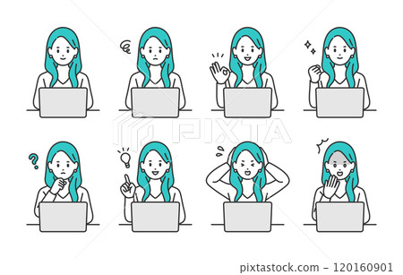 A set of young women with various expressions and poses while looking at a computer [People vector illustration material] 120160901