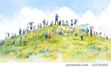 擠滿許多登山者的山峰的水彩插圖 120160902