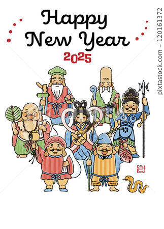 2025 Year of the Snake New Year's card - Simple and cute illustration of the Seven Lucky Gods 120161372