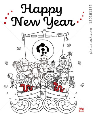 2025蛇年賀年片-簡單可愛寶船上的七福神插畫 120161385
