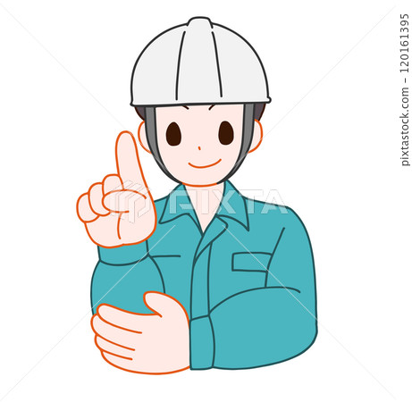 Illustration of a smiling deformed man wearing a helmet and work clothes pointing 120161395