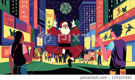 Santa levitating in city street scene Christmas magic colorful urban night with crowd buildings stars whimsical festive atmosphere digital art 120161482