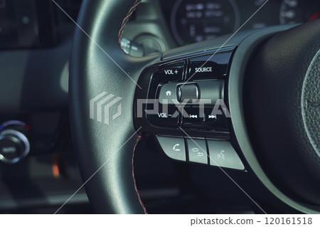 interior view of car with black leather, steering wheel with button 120161518