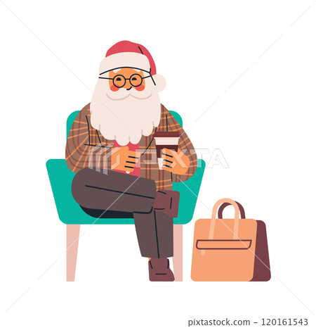 Santa Claus relaxing with coffee cups modern cozy scene with plaid jacket armchair and bag festive holiday atmosphere Santa Claus relaxing with coffee cups modern cozy scene with plaid jacket armchair and bag festive holiday atmosphere 120161543