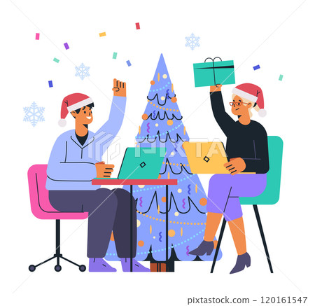 Christmas office celebration with colleagues exchanging gifts festive atmosphere with laptops Christmas tree confetti snowflakes holiday theme Christmas office celebration with colleagues exchanging gifts festive atmosphere with laptops Christmas tree confetti snowflakes holiday theme 120161547