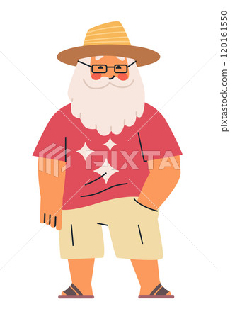Elderly man in casual summer attire wearing a straw hat and glasses smiling with one hand in pocket on plain background Elderly man in casual summer attire wearing a straw hat and glasses smiling with one hand in pocket on plain background 120161550