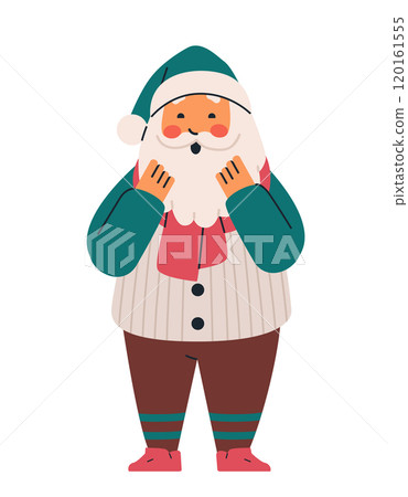 Santa Claus surprised expression festive attire holiday theme green hat red scarf brown pants cheerful design Santa Claus surprised expression festive attire holiday theme green hat red scarf brown pants cheerful design 120161555