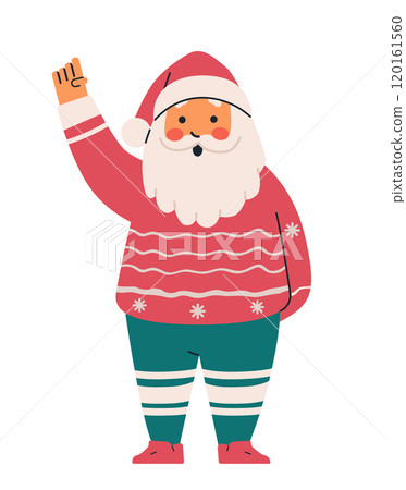 Santa Claus waving illustration Christmas theme festive character in red suit with white beard and hat standing on white background digital design Santa Claus waving illustration Christmas theme festive character in red suit with white beard and hat standing on white background digital design 120161560