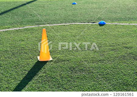 artificial green grass soccer field with orange training cones artificial green grass soccer field with orange training cones 120161561