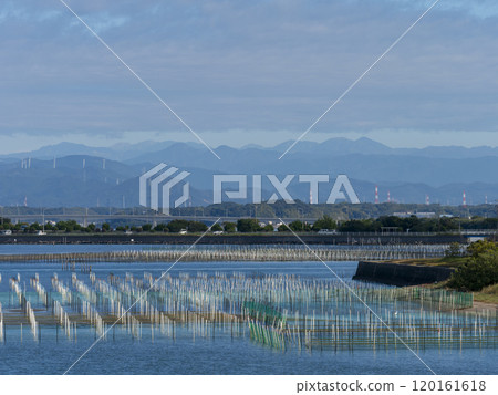 成堆的牡蠣養殖架排列的濱名湖風景 成堆的牡蠣養殖架排列的濱名湖風景 120161618