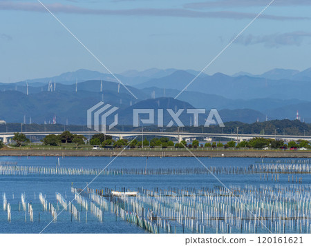 A view of Lake Hamana with rows of oyster farming racks 120161621