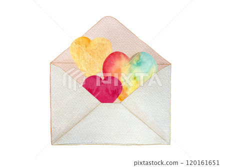 Colorful hearts in an open envelope isolated on white. Hand painted watercolor illustration. Perfect St Valentine day, for love cards, posters, blog posts, sticker packs, email decor. Textured clip 120161651