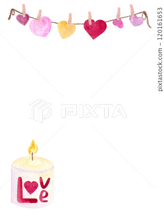 White burning candle with hand written word love and a heart decoration above vertical watercolor card isolated on white. Perfect for St Valentine cards, romantic invitations decor and design 120161653