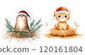 Two adorable orange cats wearing Santa hats sit atop hay bales, embodying a festive holiday spirit. 120161804