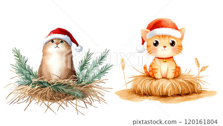 Two adorable orange cats wearing Santa hats sit atop hay bales, embodying a festive holiday spirit. 120161804