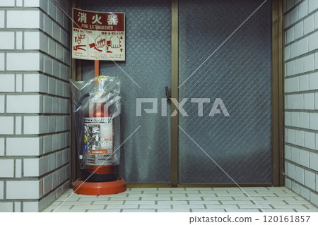 A retro bay window with a fire extinguisher 120161857