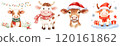 Four festive cows, each adorned with holiday accessories like scarves and Santa hats, radiating a cheerful and playful vibe. 120161862