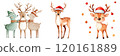 Four playful reindeer wearing festive hats, showcasing a cheerful holiday spirit. 120161889