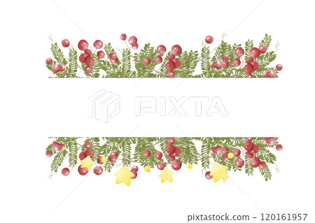 Christmas Frame with Green Fir Tree Branches, Red Berries, Gold Star Garland, Mirror Copy Space Watercolor Digital Illustration, Festive 120161957