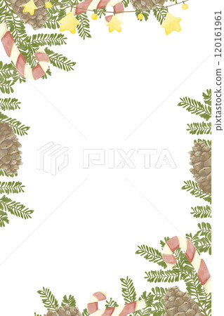 Christmas Vertical Rectangle Frame with Green Fir Tree Branches, Candy Cane Striped Lollipop, Brown Pine Cones, Gold Star Garland, Copy Space Watercolor Digital Illustration, Holiday Banner 120161961