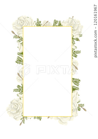 Christmas Frame with Fir Tree Branches, White Roses, Gold Border, Copy Space Watercolor Digital Illustration, Holiday Banner Composition for Winter Holiday Printing and Web Design 120161967