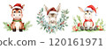 Three festive cartoon animals wearing Santa hats, decorated with greenery and holiday elements, embodying a cheerful holiday spirit. 120161971