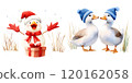 A cheerful snowman in a Santa hat and scarf stands beside two cute ducks wearing blue hats, exuding a festive atmosphere. 120162058