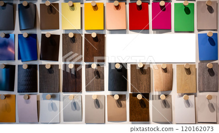 Colorful wooden laminate samples collection in material library with white blank space Colorful wooden laminate samples collection in material library with white blank space 120162073