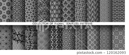 Geometric floral set of seamless patterns. Gray and black vector backgrounds. Damask graphic ornaments Geometric floral set of seamless patterns. Gray and black vector backgrounds. Damask graphic ornaments 120162093