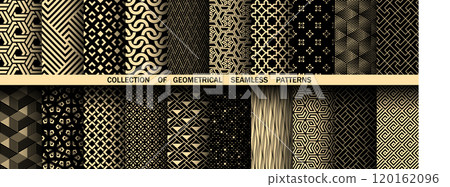 Geometric set of seamless black and golden patterns. Simple vector graphics Geometric set of seamless black and golden patterns. Simple vector graphics 120162096