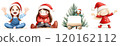 Four cheerful children in holiday attire, including Santa hats, showcase festive joy with gifts and a Christmas tree. 120162112